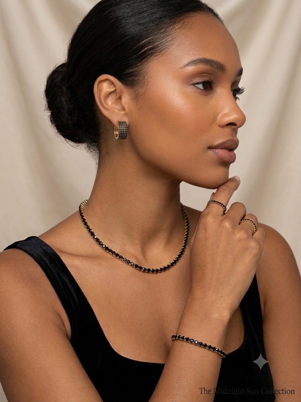 New 3-Piece 14K Gold Plated Black CZ Tennis Necklace, Bracelet and Earrings Set